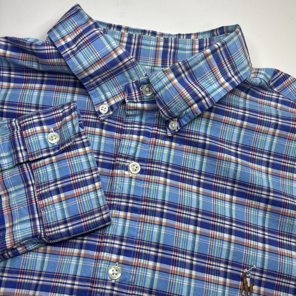 Ralph Lauren Slim Fit Stretch Oxford Mens Xl Blue‎ Plaid Button Down Pony Shirt